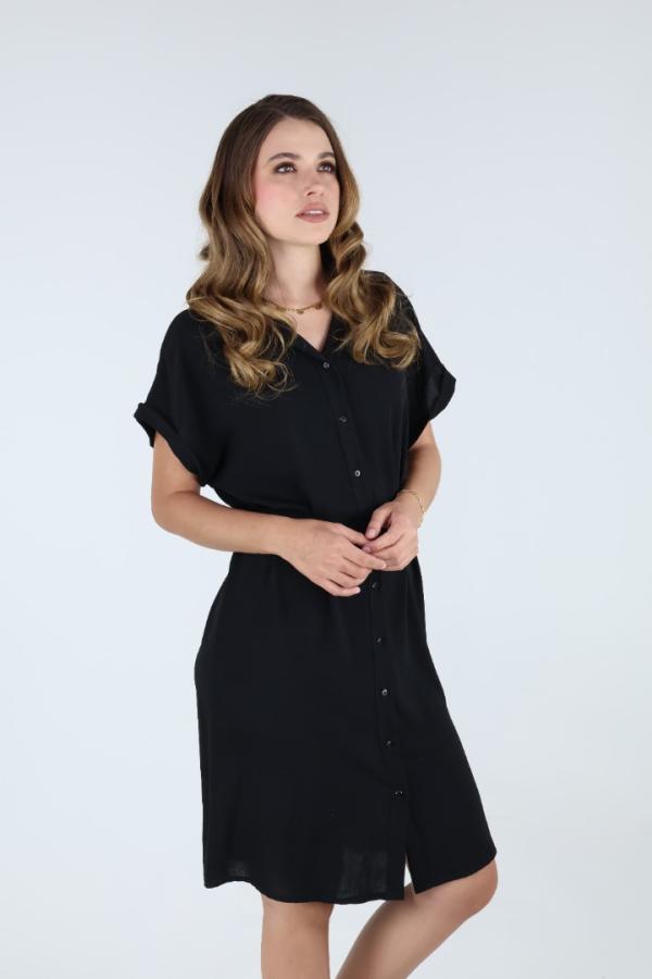 Vestido Negro Estilo Camisero Con Detalle De Botones Moderno Para Dama